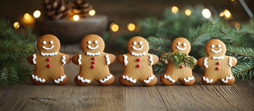 Gingerbread cookies arranged on a wooden surface surrounded by pine branches and Christmas lights with Copy Space for text
