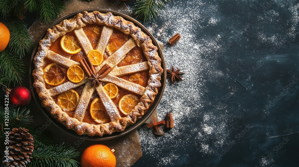 Poster festive pie with orange slices and cinnamon sticks on a dark background with copy space for text