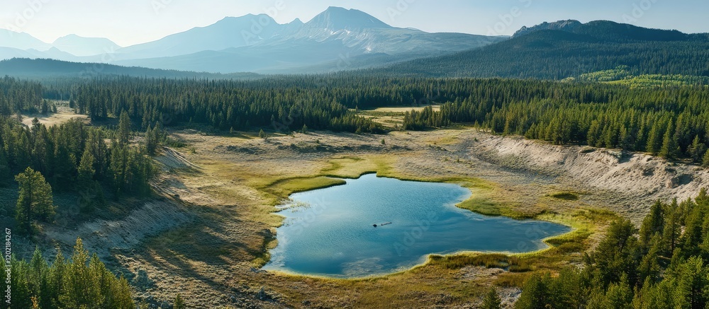 Poster aerial view of a serene mountain landscape featuring a calm lake surrounded by forest and rugged mou
