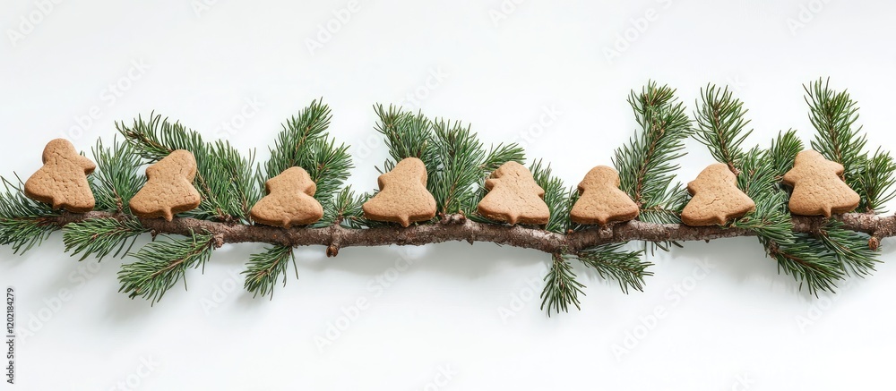 Poster Gingerbread cookies shaped like Christmas trees arranged on a pine branch with white background and copy space