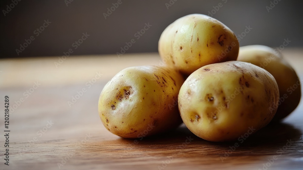 Poster fresh raw potatoes on a wooden surface with natural lighting and shallow depth of field copy space