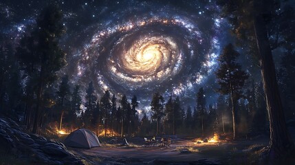 A spiral galaxy shining brightly above a peaceful outdoor campsite with the night filled with celestial wonder