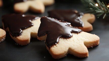 Chocolate dipped Christmas tree shaped cookies with festive decorations on dark background Copy Space