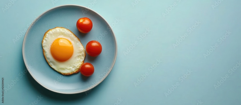 Poster fried egg on a blue plate with cherry tomatoes and ample copy space for text placement