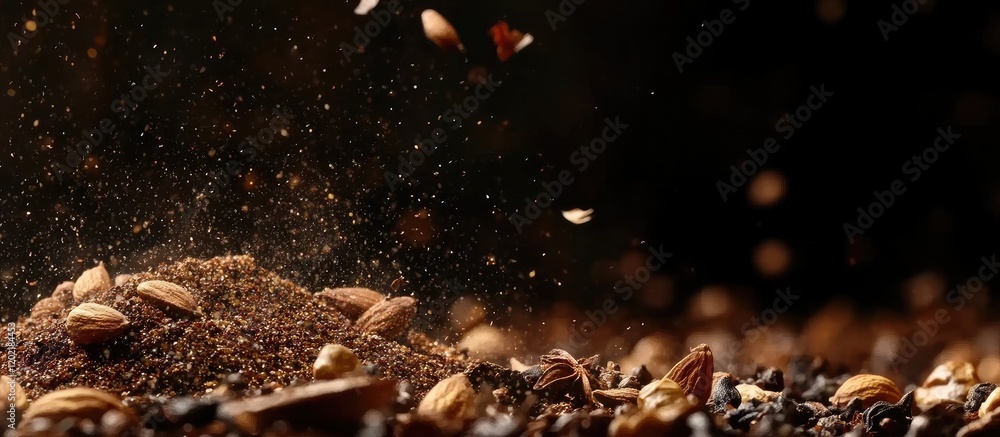 Poster brown and black coffee grounds with floating coffee beans against dark background copy space