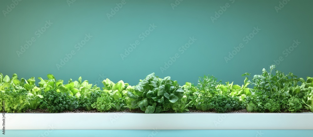 Aufkleber fresh green herbs in a long planter with neutral background and ample copy space for text insertion