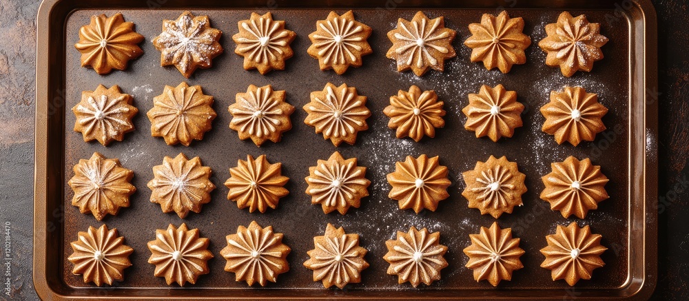 Poster baked flower-shaped cookies on a baking tray with powdered sugar dusting and baked surface texture c