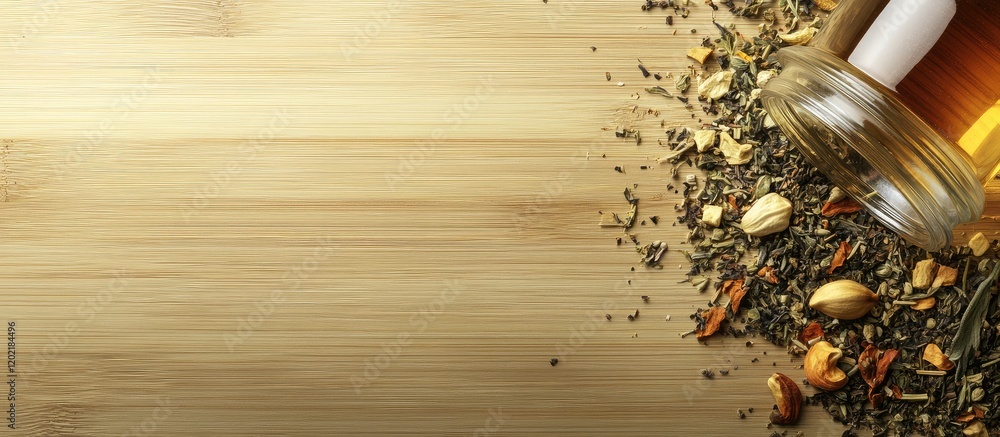 Poster Spilled assortment of colorful spices and herbs on a wooden surface with copy space for text placement