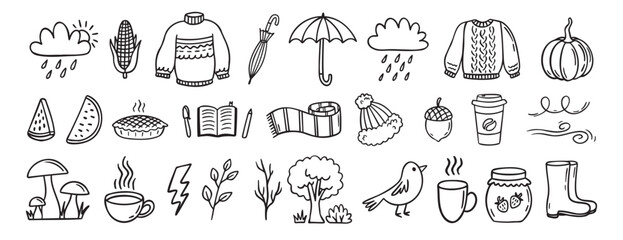 Autumn or nature fall season with falling leaves, umbrella doodle hand drawn icon elements set. Outline drawing autumn or fall line clipart symbol collection