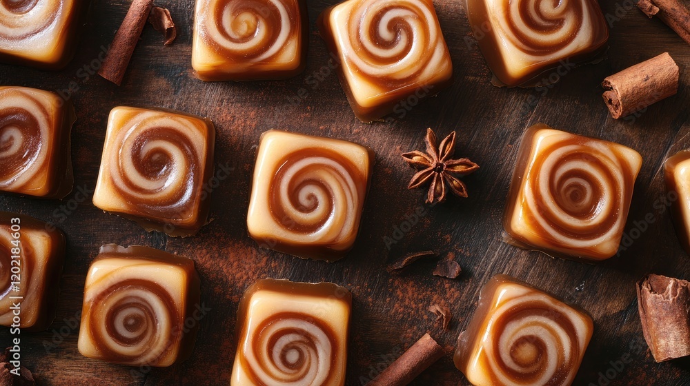 Poster close-up of caramel swirled candies arranged on a wooden background with cinnamon sticks and star an