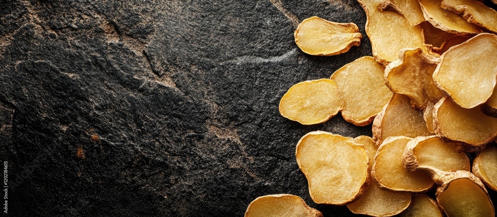 Poster dried melon seeds on dark stone background with copy space for text placement