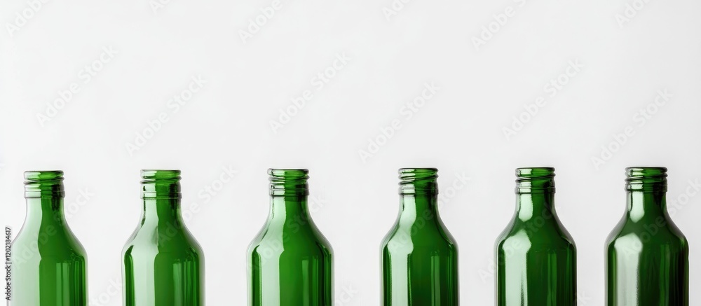 Poster Empty green glass bottles arranged in a row on a white background with copy space for text placement