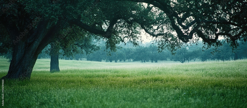 Poster Lush green field with trees under a misty atmosphere showcasing natural landscape and copy space for text insertion