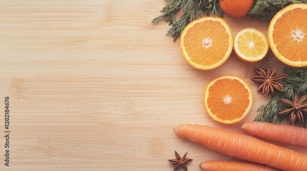 Poster fresh oranges and carrots arranged on a wooden surface with star anise and herbs providing copy spac