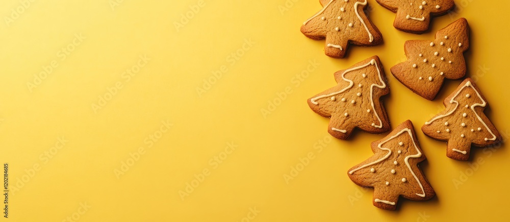 Poster gingerbread christmas tree cookies on yellow background with copy space for text