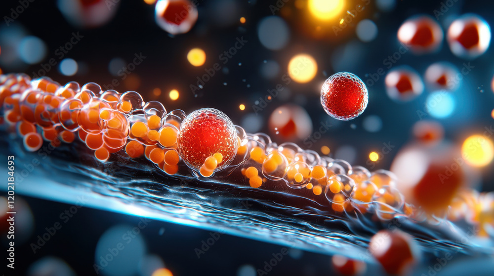 Poster High resolution image of nano biosensors interacting with cells, showcasing vibrant colors and intricate details. This visual represents advanced technology in biological applications