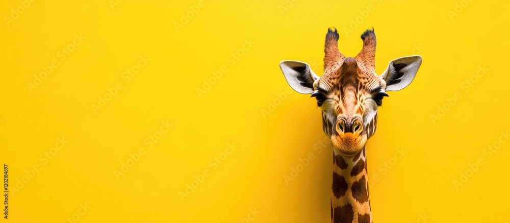 Poster Giraffe head against a bright yellow background with copy space for text placement in a minimalist style