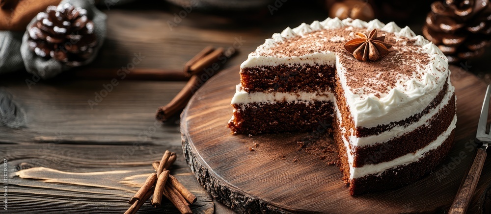Poster chocolate cake with cream frosting on wooden table with pinecones and cinnamon sticks, slice removed
