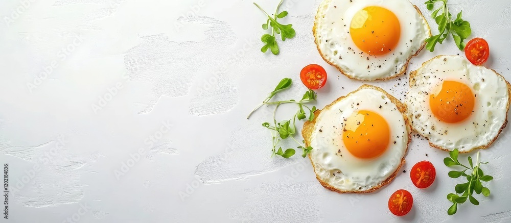 Poster fried eggs on toast garnished with cherry tomatoes and microgreens on white background with copy spa