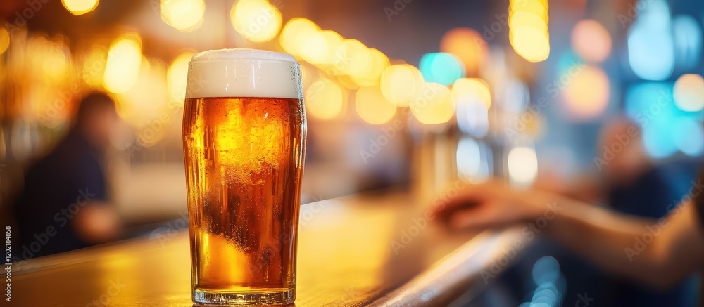 Aufkleber Craft beer with foam in a glass on bar counter with blurred background lights and patrons out of focus Copy Space