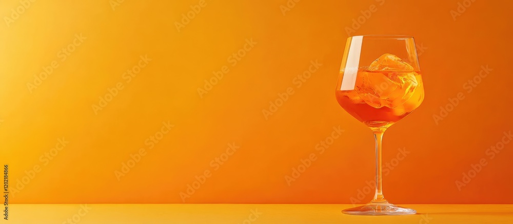 Poster orange cocktail with ice cubes in a glass on a bright orange background with copy space for text.