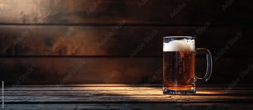 Poster Glass of lager beer with foam on wooden table in a dimly lit setting with copy space for text.