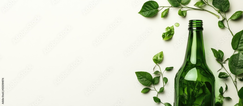 Poster green glass bottle surrounded by fresh green leaves on a light background with copy space for text p