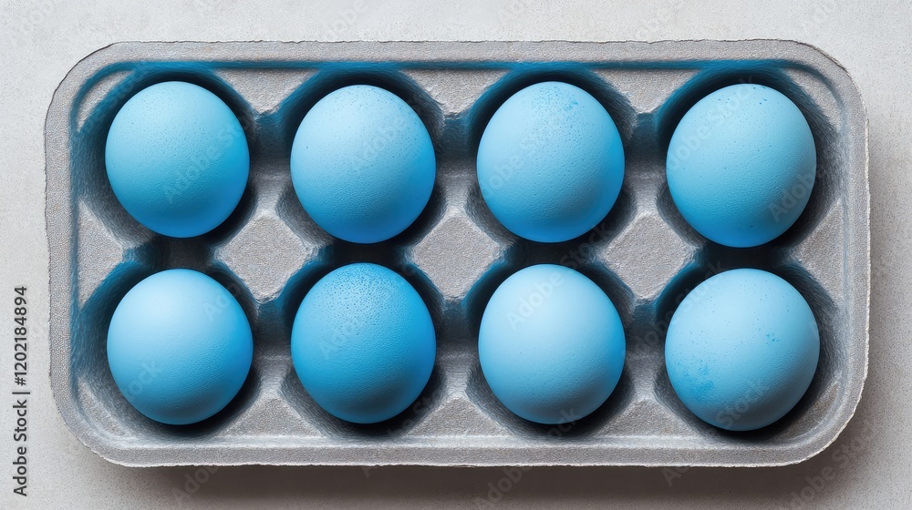 Poster Blue eggs in a gray egg carton arranged in two rows of four with Copy Space for text placement