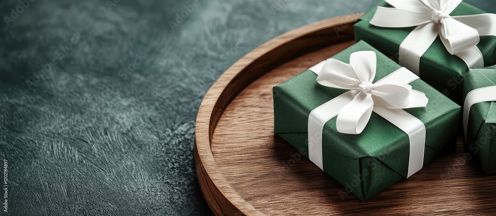Poster green gift boxes with white ribbons arranged on a wooden plate on textured background with copy spac