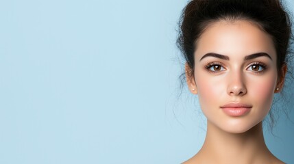 Fototapeta premium Young Female Face with Biometric Recognition on Soft Blue Background Highlighting Technology and Security Advancements in Modern Identification Systems