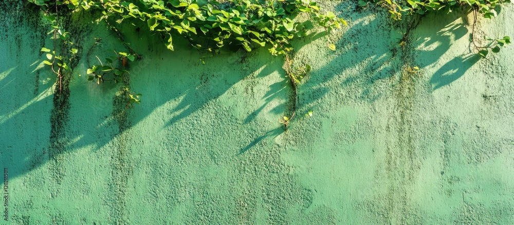 Poster textured green wall covered with creeping vines and shadows cast by foliage, suitable for background