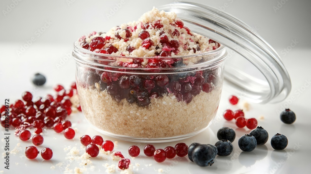 Poster glass jar filled with red and black berries on white background with scattered berries and coconut f