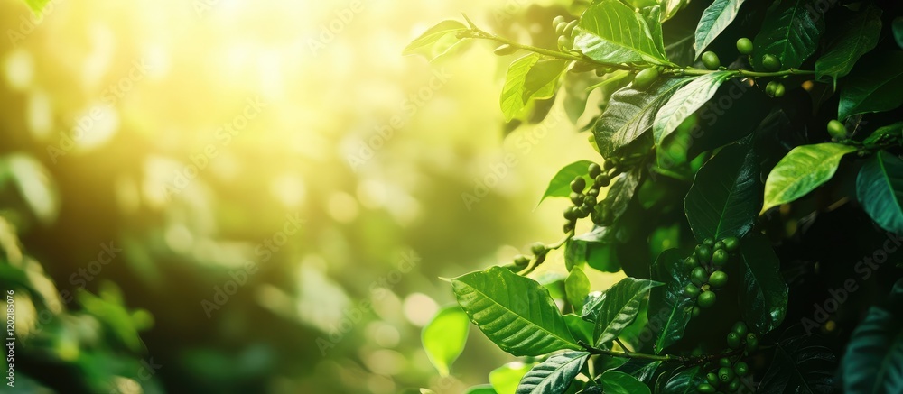 Poster lush green coffee plant leaves in soft sunlight with natural bokeh effect and copy space for text in