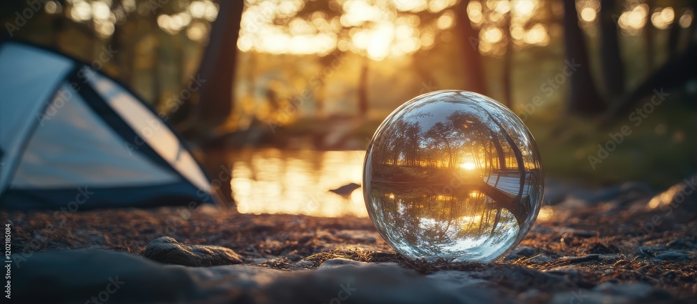 Poster glass sphere reflecting sunset over a calm lake with a camping tent in the background and trees illu
