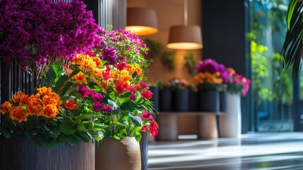 Fototapeta premium Indoor floral arrangement with brightly colored flowers in contemporary pots and soft lighting, suitable for interior design decor with Copy Space