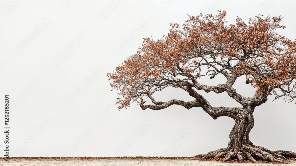 Aufkleber lonely twisted tree with bare branches against a light gray wall copy space for text placement