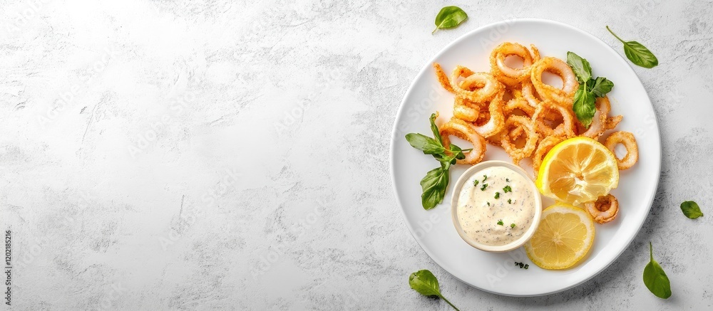 Poster fried calamari served with lemon slices and dipping sauce on a white plate with fresh basil leaves a