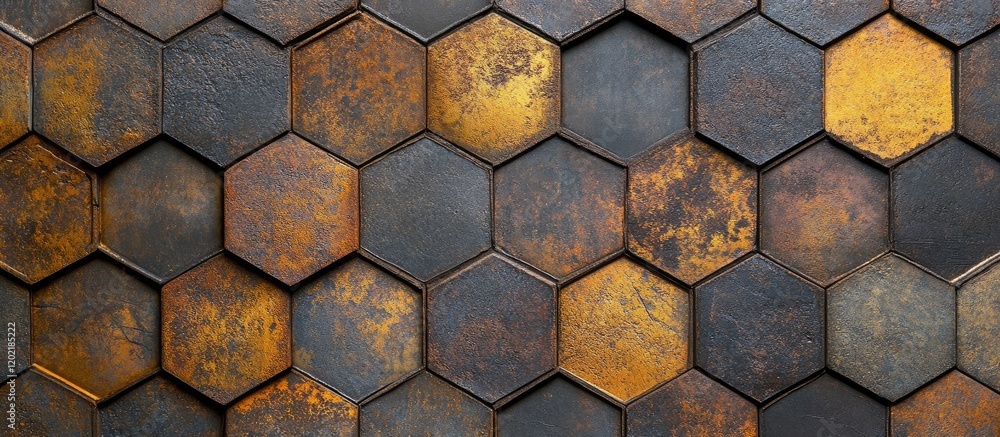 Poster Textured hexagonal tiles in dark brown and gold tones arranged in a seamless pattern with Copy Space for design elements.