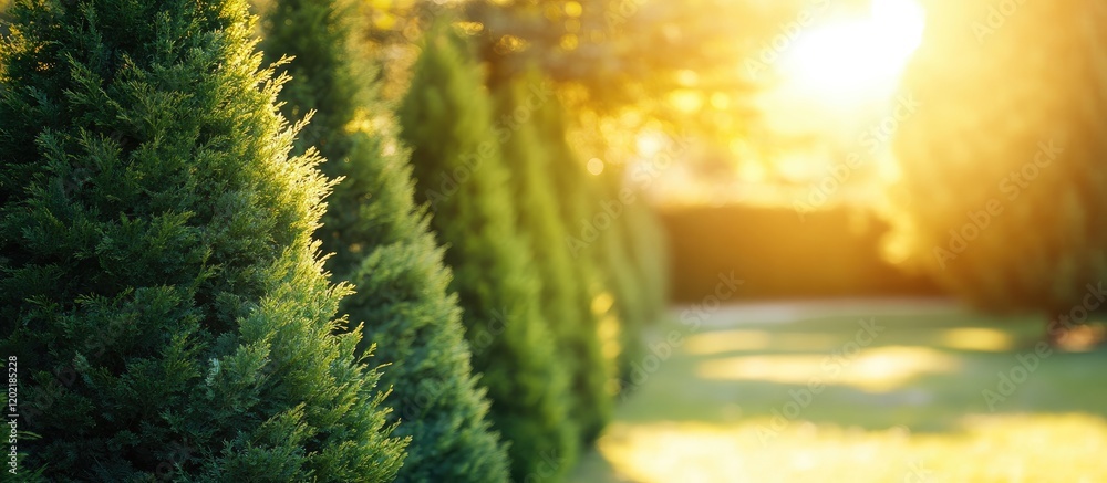 Aufkleber Sunlit pathway lined with evergreen trees creating depth with natural bokeh effect and warm sunlight illuminating the scene Copy Space