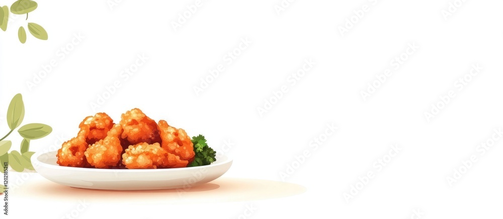 Poster fried shrimp platter on white plate with fresh parsley and copy space for text