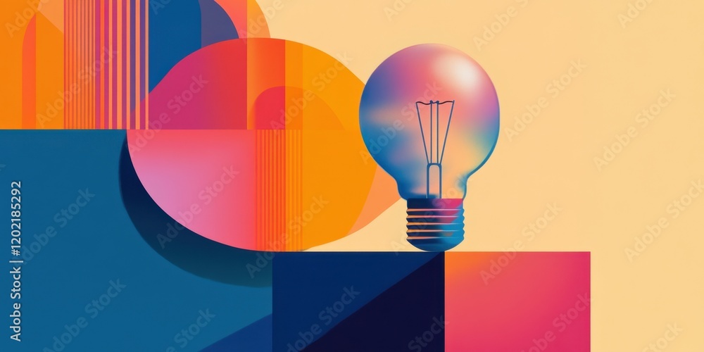 Poster an abstract representation features a colorful light bulb surrounded by geometric shapes and vivid g