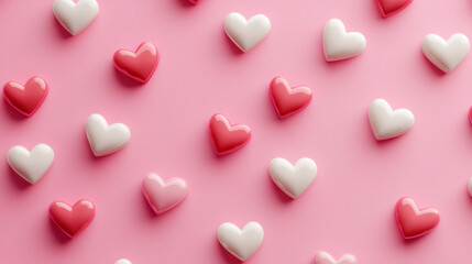 Obraz premium Colorful heart shapes scattered on pink background create romantic and playful atmosphere, perfect for expressing love and affection