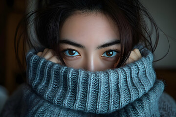 An Asian woman conceals her face beneath her clothing, tugging a sweater over her head to shield herself from social phobia and maintain privacy