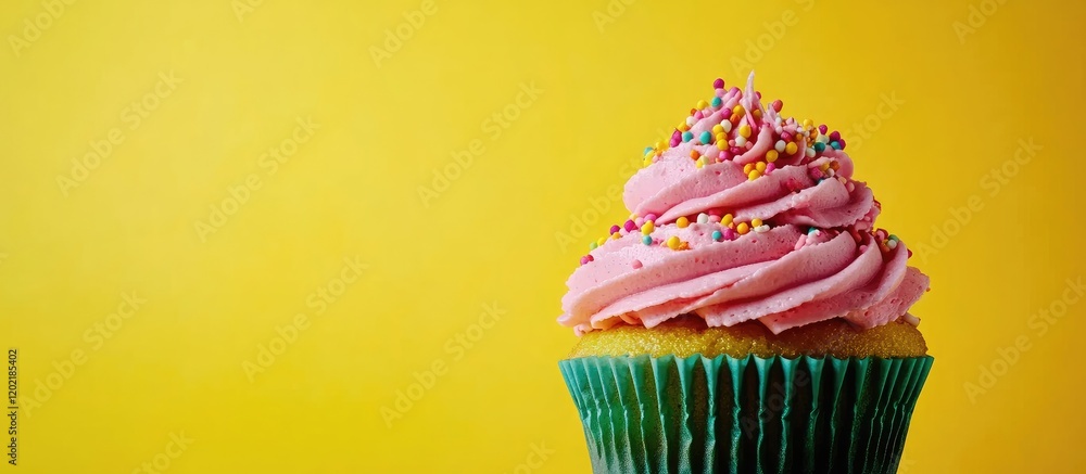Poster cupcake with pink frosting and colorful sprinkles on yellow background with copy space