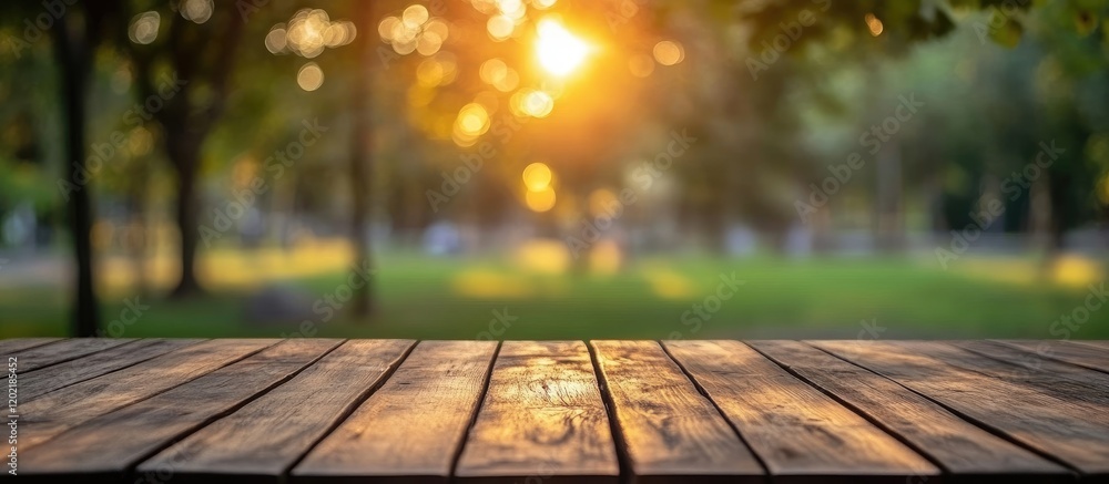 Aufkleber sunset over a wooden table with blurred green park background and copy space for text placement