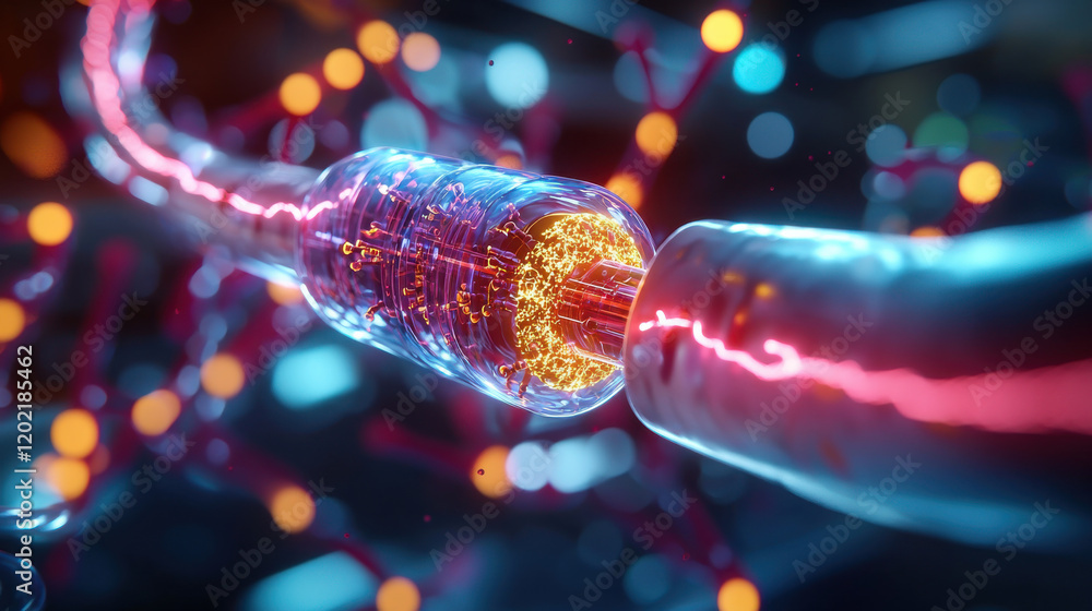 Poster high resolution representation of nanobot navigating through futuristic circuit, showcasing vibrant colors and intricate details. image evokes sense of advanced technology and innovation