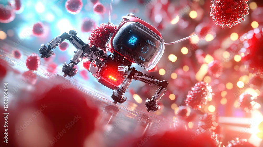 Fototapete nanobot navigating through vibrant environment filled with red particles, showcasing advanced technology and intricate design. scene is dynamic and visually striking