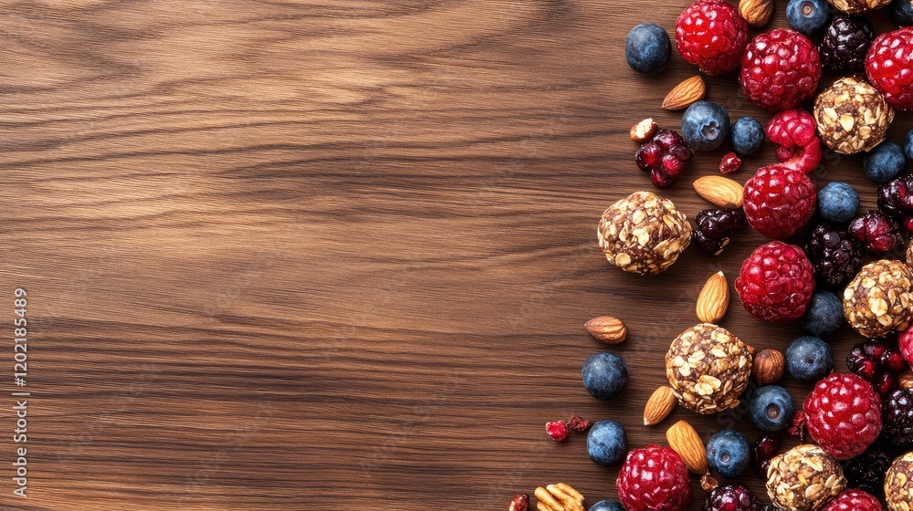 Aufkleber mixed berries and nuts on wooden surface with copy space for text in top right corner