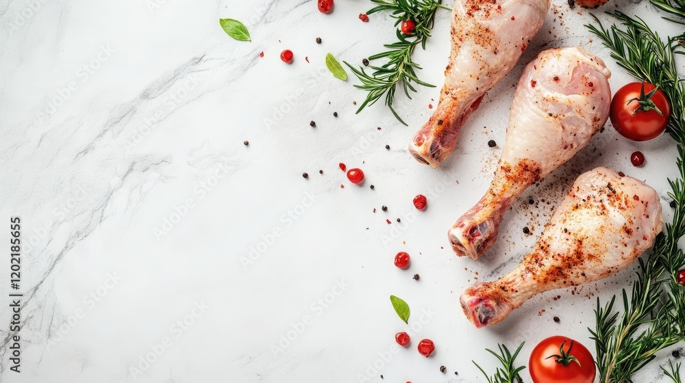 Poster raw chicken drumsticks with spices and fresh herbs on marble background with tomatoes and berries co