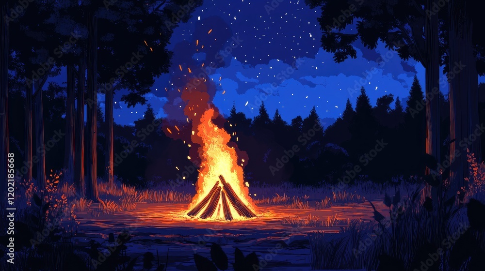 Aufkleber campfire in a forest at night with starry sky and silhouette of trees in the background copy space